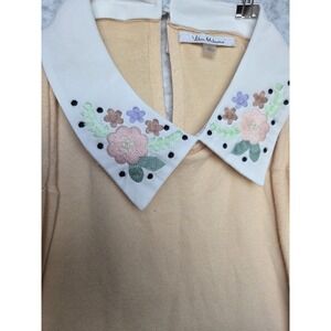 Vila Milano Peach Knit Sweater L Embroidered Floral Collar Oversized Long Sleeve